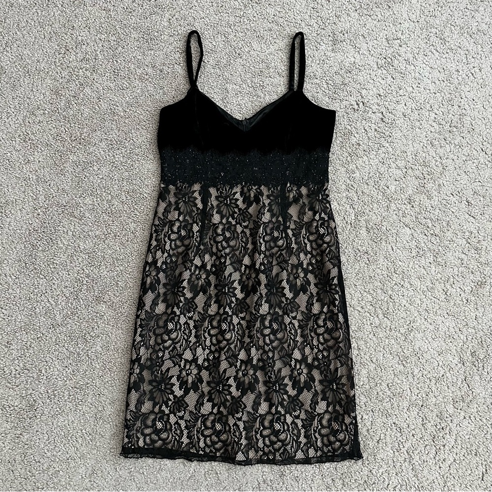 Boston Proper Black Velour Lace Beaded Mini Dress Womens 4